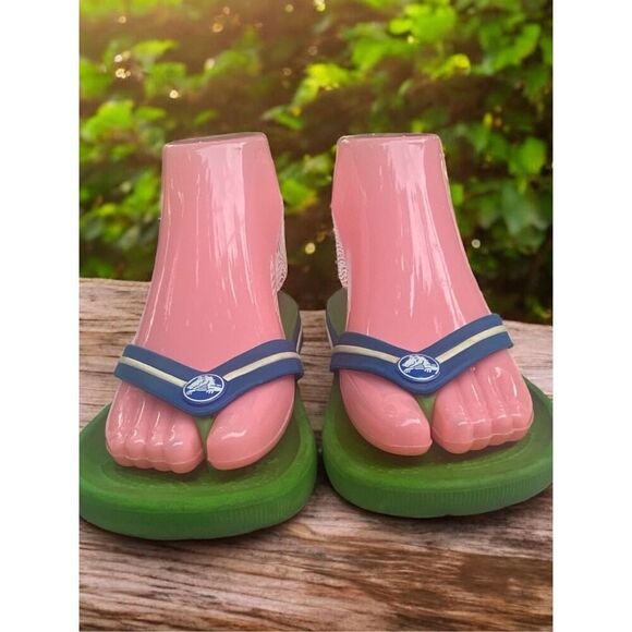 Crocs Neon Green Blue Flip Flop Style Slip-on Shoe Sandal Kids Size 1 - Picture 2 of 8